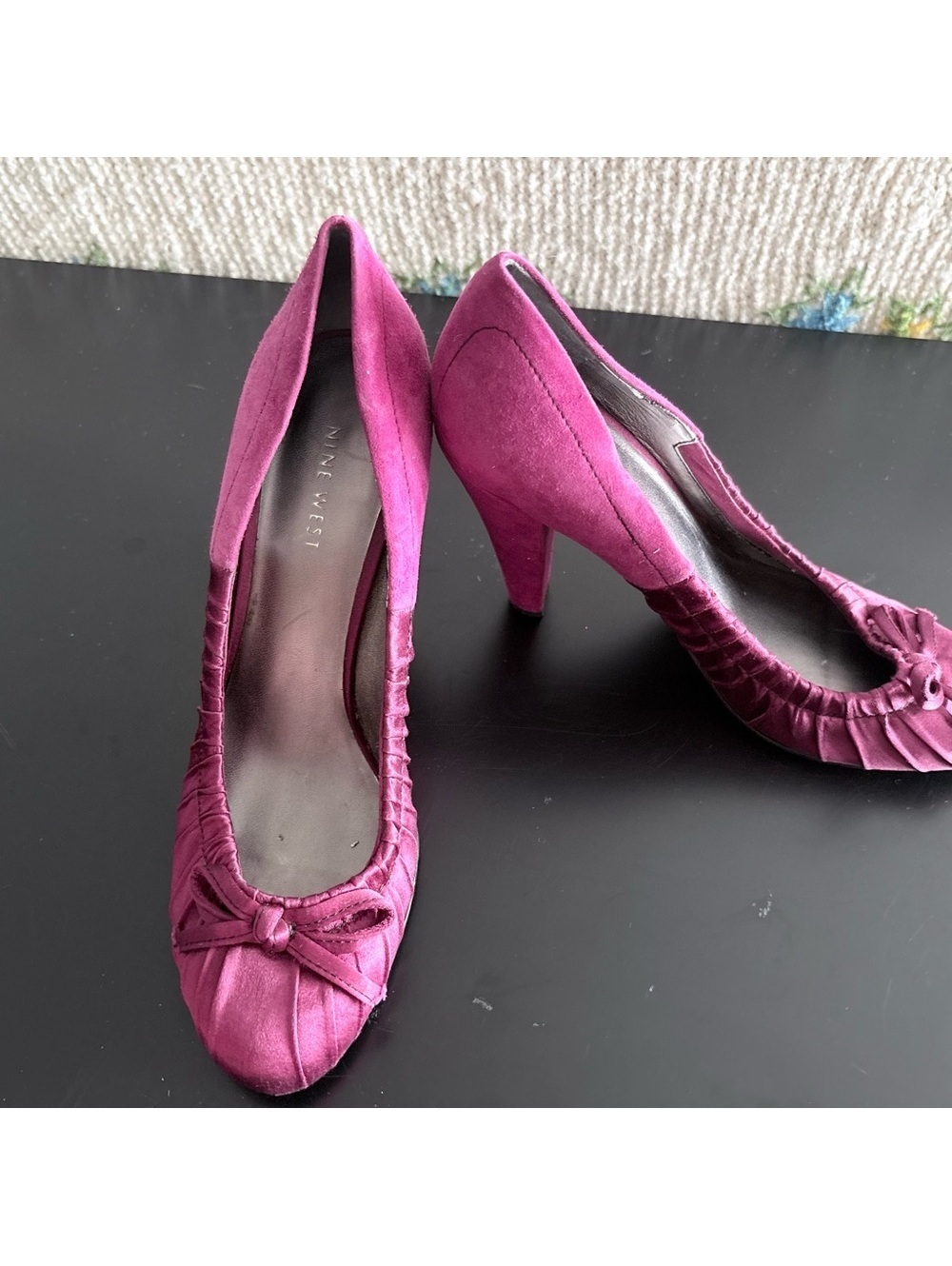 Nine West Magenta/Purple Satin Heels with Bow Detail. 4 inch heel.